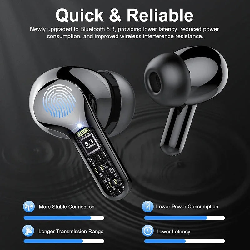 Wireless Earbuds  Headphones HiFi Stereo EarBuds with ENC Noise Cancelling Mic 48H LED Display IP7 Waterproof Earphones
