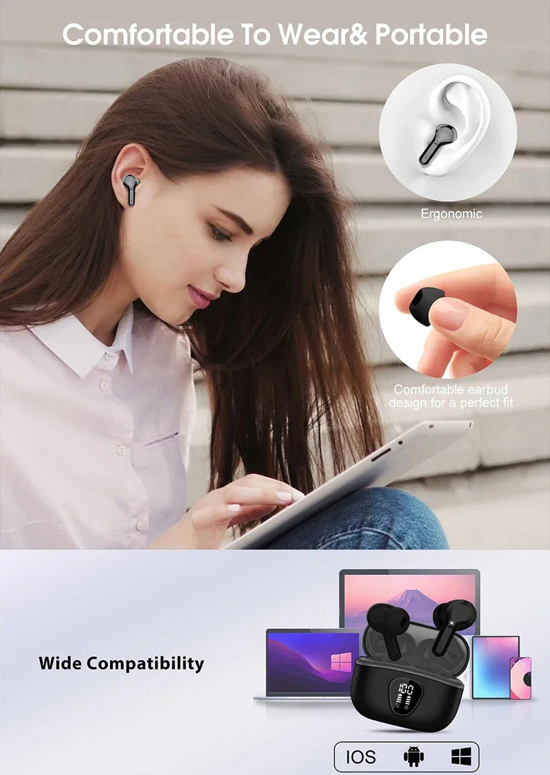 Wireless Earbuds  Headphones HiFi Stereo EarBuds with ENC Noise Cancelling Mic 48H LED Display IP7 Waterproof Earphones