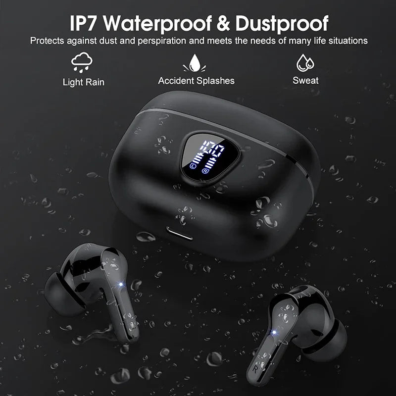 Wireless Earbuds  Headphones HiFi Stereo EarBuds with ENC Noise Cancelling Mic 48H LED Display IP7 Waterproof Earphones